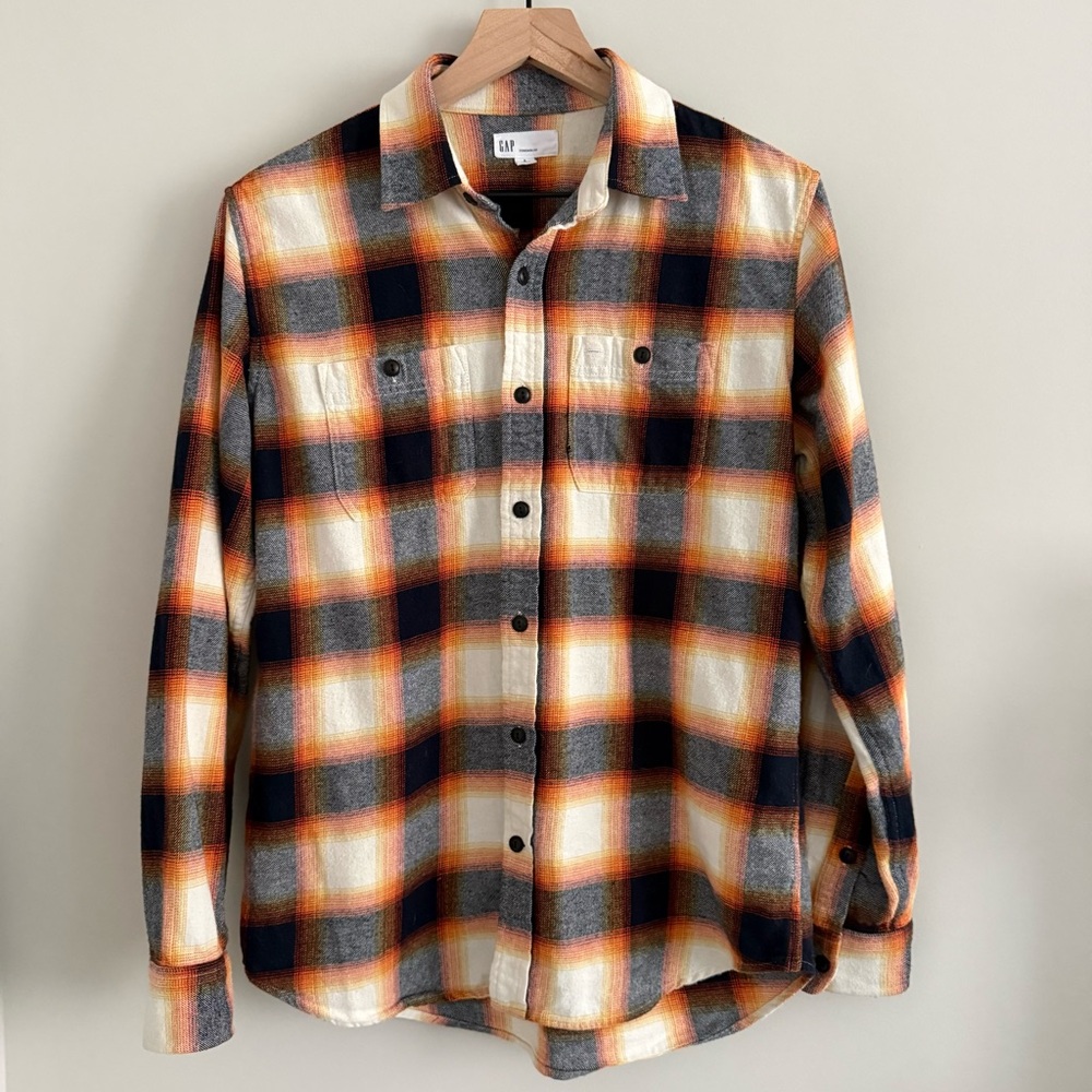 GAP Plaid Flannel Shirt Tangy Orange Small - Picture 1 of 6